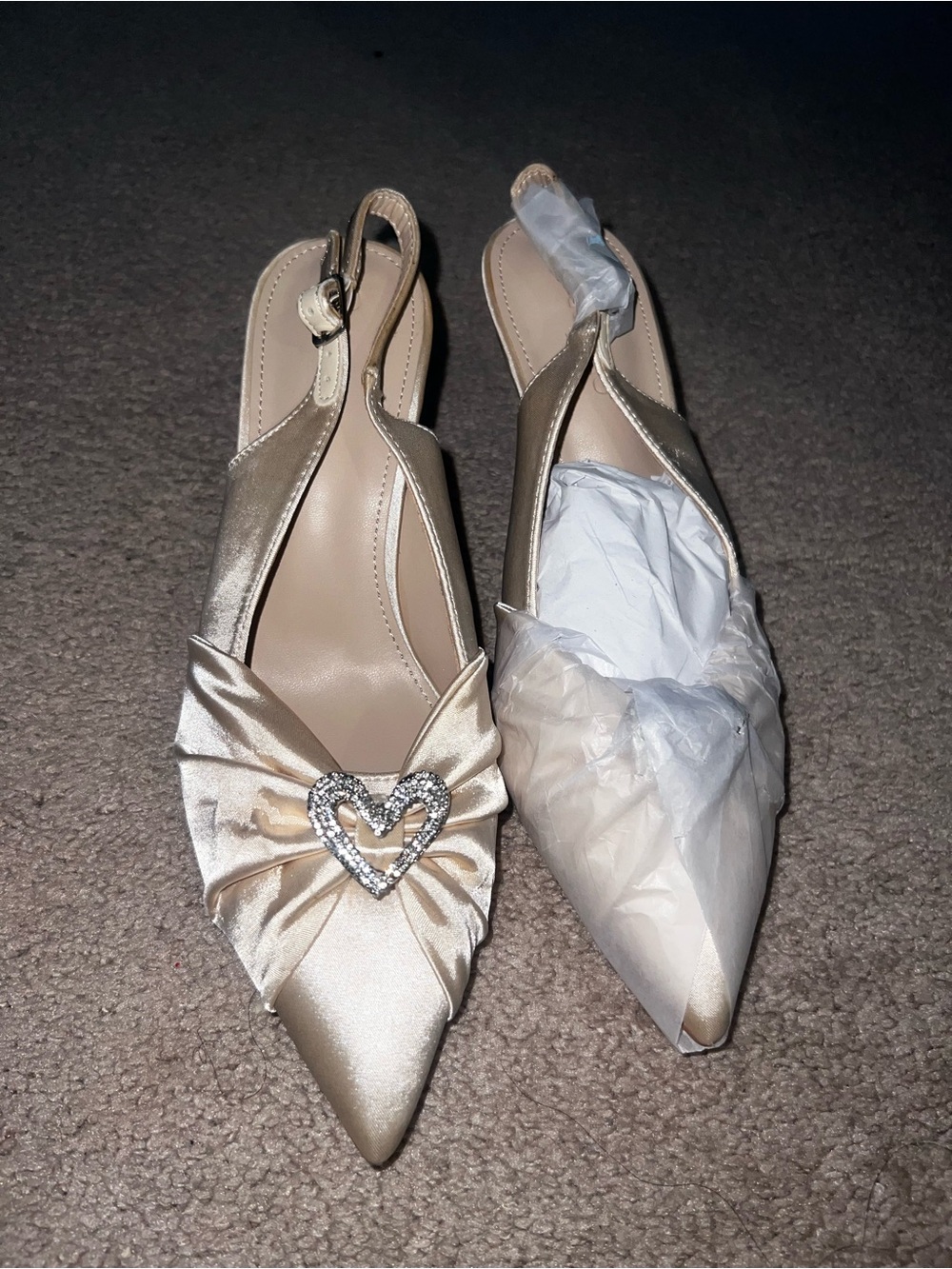 Satin Pointed-Toe Slingback Heels with Heart Crystal Accent - Champagne sz 8